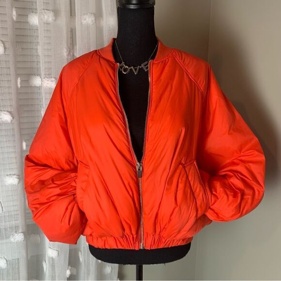Zara red orange cropped zip front bomber long sleeve‎ puffer jacket size xs - Picture 11 of 15